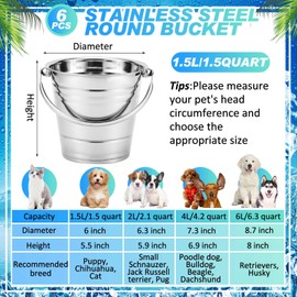Hicarer 6 Pcs Stainless Steel Dog Water Bucket, Heavy Duty Stainless Steel Bucket Water Pails for Dogs Pets, for Kennels Farms Fences Cages(1.5 Quart)