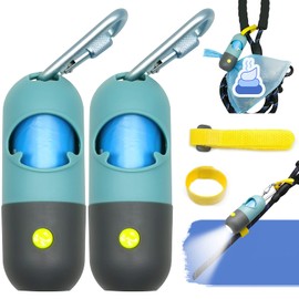 Dog Poop Bags Holder with LED Flashlight and Leash Clasp Pet Waste Bags Dispenser with 15 Poo Trash Bags Fastener and Elastic Rope for Used Bags (LR44 Battery, 2 Holder 30 Bags)