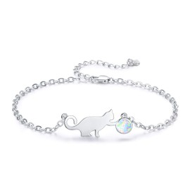 PRAYMOS Cat Bracelets for Women, 925 Sterling Silver Opal Kawaii Kitty Bracelet Hypoallergenic Cat Jewelry for Women Cat Themed Gifts