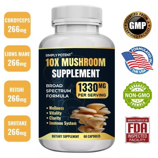 Simply Potent Mushroom Complex Supplement w/ 10X Mushrooms for Energy,