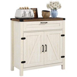 HOMCOM Sideboard with Storage Drawer, Modern Farmhouse Kitchen Cabinet with 2 Barn Doors, Coffee Bar Cabinet, Distressed White