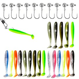 Rubber fish with jig heads, 10 approx. 5 g, lead head hooks, 20 T-tails, artificial rubber fish, fishing equipment, rubber bait fishing set, rubber fish set rubber fish