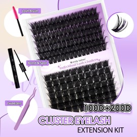 Lash Clusters Kit 100D+200D Cluster Lashes D Curl 0.07 12-16mm DIY Lash Extensions Kit Wide Stem Individual Eyelash Clusters Eyelash Extension(100D+200D-0.07D-1216)