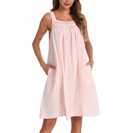 YOZLY Cotton Nightgowns for Women Sleeveless Tank Night Gown Sleepwear with Pockets, A-Pink, Medium