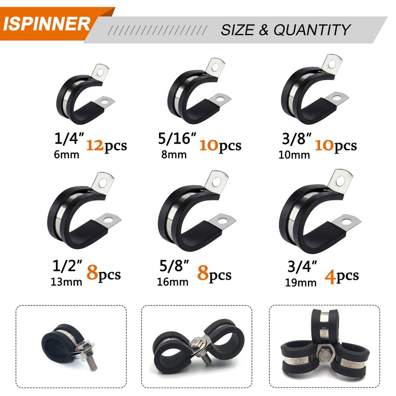 ISPINNER 52pcs Cable Clamps Assortment Kit, 304 Stainless Steel Rubber