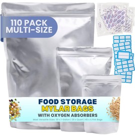 110 Pack Mylar Bags with Oxygen Absorbers - 10Mil Thick Mylar Bags For Food Storage and 400cc Oxygen Absorber, Variety Large Gallon, Quart, 1/2 Pint, Heat & Vacuum Zip Seal Food Bag