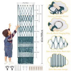 iHansee 5 Tier Stuffed Animal Storage Shelf Net, 17x61 Inch Large Plushie Net w/LED Light & Clips for Mini Medium Stuffy Teddy, Aqua Boho Macrame Wall Toy Holder Display for Nursery Kids Girls Boys
