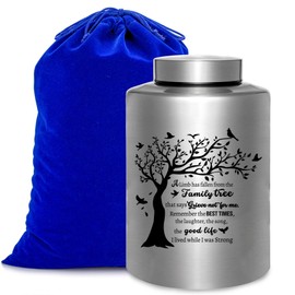 Medium Urns for Adult Male Female Ashes Silver Family Tree Decorative Funeral Memorial Urn Burial Container for Human Remains with Velvet Bag