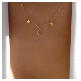 Inilbran Boho Crystal Crescent Moon Choker Necklace Gold Rhinestone Moon Necklace Choker Vintage Star Dangle Necklace Sparkling CZ Moon Pendant Necklace Jewellery for Women and Girls