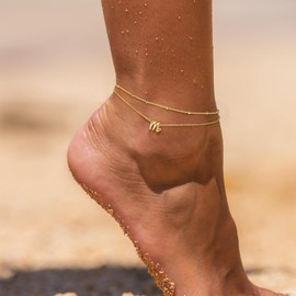 TINGN Anklet for Women - 14K Gold Plated Anklet with Letters Girls Multi-Row Anklet with Small Heart for Women Summer Beach Foot Jewellery Anklet Gifts for Women Girlfriend