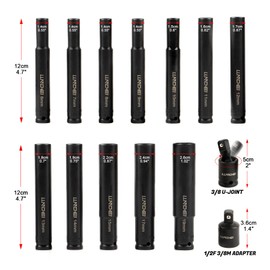 LLNDEI 14 Piece 3/8" Drive 6 Point Deep Impact Socket Set, Including 12PCS Extra Long Deep Impact Sockets in Metric Sizes (6mm,7mm,8mm,9mm,10mm,11mm,12mm,13mm,14mm,15mm,17mm,19mm)
