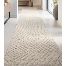 Well Woven Custom Size Hallway Stair Runner - Choose Your Length - 27 Inches Wide x 6 Feet Long Runner (27" x 6' Runner) Rug - Ivory Relajo Soft Touch, Modern Geometric - Hi-Lo Pile
