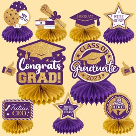 9 Pieces Class of 2023 Graduation Table Decorations - 2023 Congrats Grad Honeycomb Centerpieces, Graduation Table Toppers Decor for 2023 Graduation Party Decorations Favor Supplies (Purple and Gold)