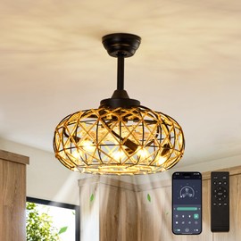 SAYTOP 20" Rustic Hemp Rope Caged Ceiling Fans with Lights and Remote, Farmhouse Boho Bladeless Ceiling Fan Modern Hand-Woven Rattan Low Profile Fandelier Fan Light for Bedroom Dining Room