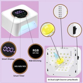 UV LED Nail Lamp,Nail Dryer for Gel Nails, Cordless Rechargeable Nail UV Lamp Nail Light with 3 Timer,36Pcs Lamp Beads, Smart Sensor, LED Display and Detachable Tray for Salon & Home (White)