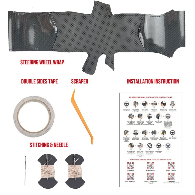 Steering Wheel Cover Hand-Stitch on Black Leather Protector Wrap for