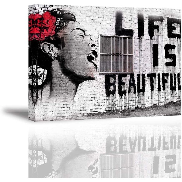 PIY Painting Bansky Wall Picture Life is Beautiful Screaming Woman Waterproof Pictures and Art Prints on Canvas Wall Decoration for Bedroom Living Room Dining Room Kitchen Grey Painting 30 x 40 cm