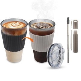 FINTHECH Black Glass Cups with Lid and Straw, 16 oz Glass Coffee Cup,Reusable with Temperature Sensitive Silicone Sleeve and Silicone Straw .Iced Coffee Cup for Juice, Milk Tea and Smoothie.