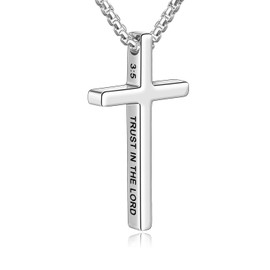 Fiusem Cross Necklace for Men, Inspirational Bible Verse Cross Chain for Men, 316 Stainless Steel Box Necklace Silver Tone 20", TRUST IN THE LORD