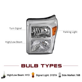 JSBOYAT Headlight Assembly Replacement for 2011-2016 Ford F250 F350 F450 F550 Super Duty Headlamp Driver and Passenger Side (Chrome Housing with Amber Reflector)