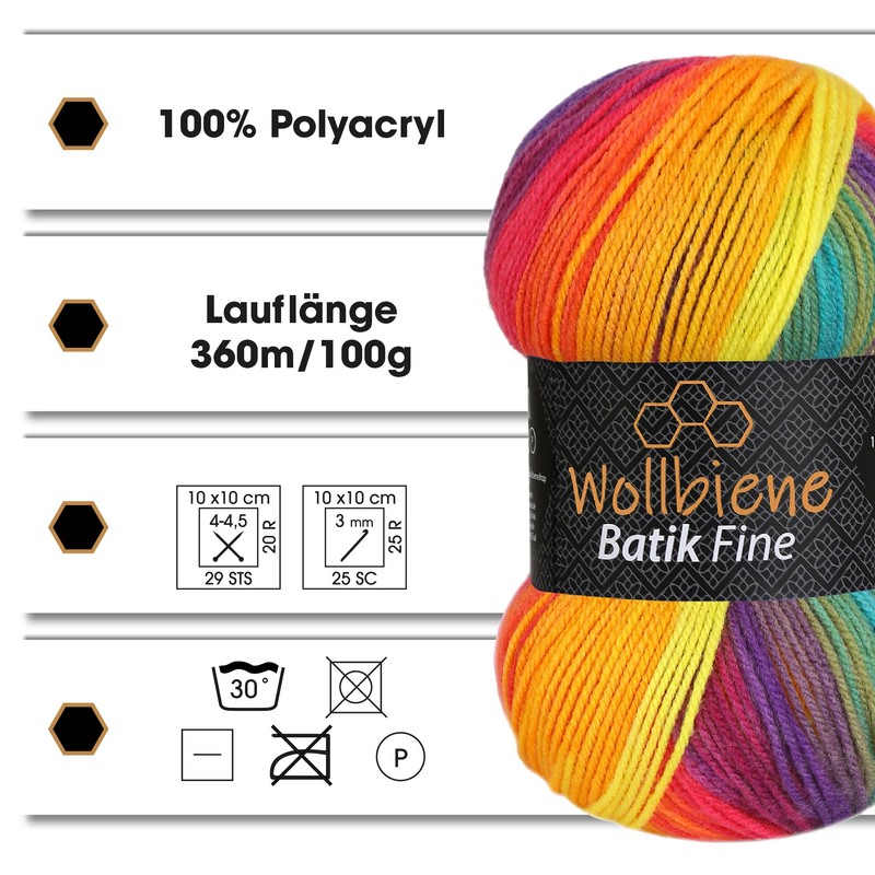 5 x 100 g Wollbiene Batik Fine, 500 g Wool