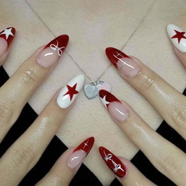 Red Fake Nails Medium Almond Press on Nails Star with Bow Design French Tip False Nails Acrylic Full Cover Nails Artificial Nails Glossy Glue on Nails Stick on Nails for Women Manicure Art 24Pcs