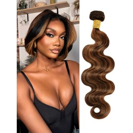 ANMETAN Honey Blonde Highlight Bundles Human Hair Body Wave, Thick 12A Remy Hair F1B30 Highlight Black and Brown Balayage Colored Single Wavy Bundle 100% Brazilian Unprocessed Sew In Weave 12 Inch