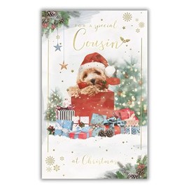 Cousin Christmas Card For Him - Special Finishes - Puppy Dog in Santa Hat - Artistic Festive Design - Illustrated Insert Leaf - Made in the UK