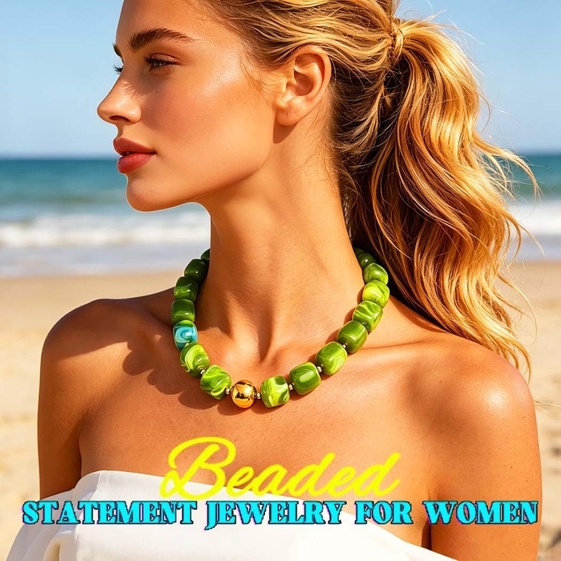 ACEDRE Chunky Beaded Choker Necklace Acrylic Square Beads Necklaces Beach