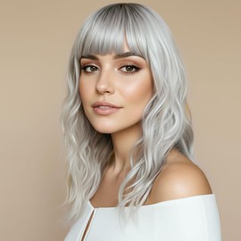 simkaylee Middle Length Silver Wigs for Women Ombre Grey Wavy Long Bob Wig with Bangs Synthetic Hair Water Wave Dark Roots 16 inch Wig Gray Colorful Wigs（Silver）