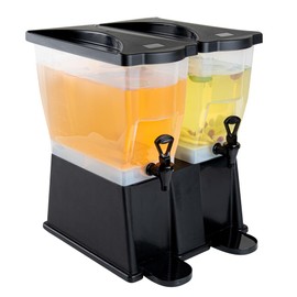 Restaurantware Bev Tek 6 Gallon Drink Dispenser 1 Dishwashable Double Beverage Dispenser - Detachable Tanks Includes Decals Black Plastic Carnival Juice Dispenser With Stand Push-Button Spigots