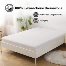 SOULFUL Fitted Sheet 180 x 200 cm, 100% Washed Cotton Flat Sheet up to 25 cm Mattress Height, Breathable with Linen-Like Handle, Oeko-Tex Certified Milky White