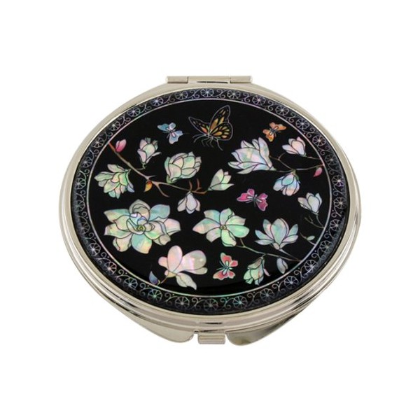 Mother of Pearl White Magnolia Flower Design Double Compact Magnifying Cosmetic Makeup Purse Beauty Pocket Mirror by Antique Alive