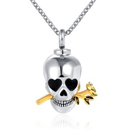OutstandLong Skull Gold Rose Cremation Urn Necklace for Ashes Jewelry Crystal Keepsake Memorial Animal Pendant for Womens Mens