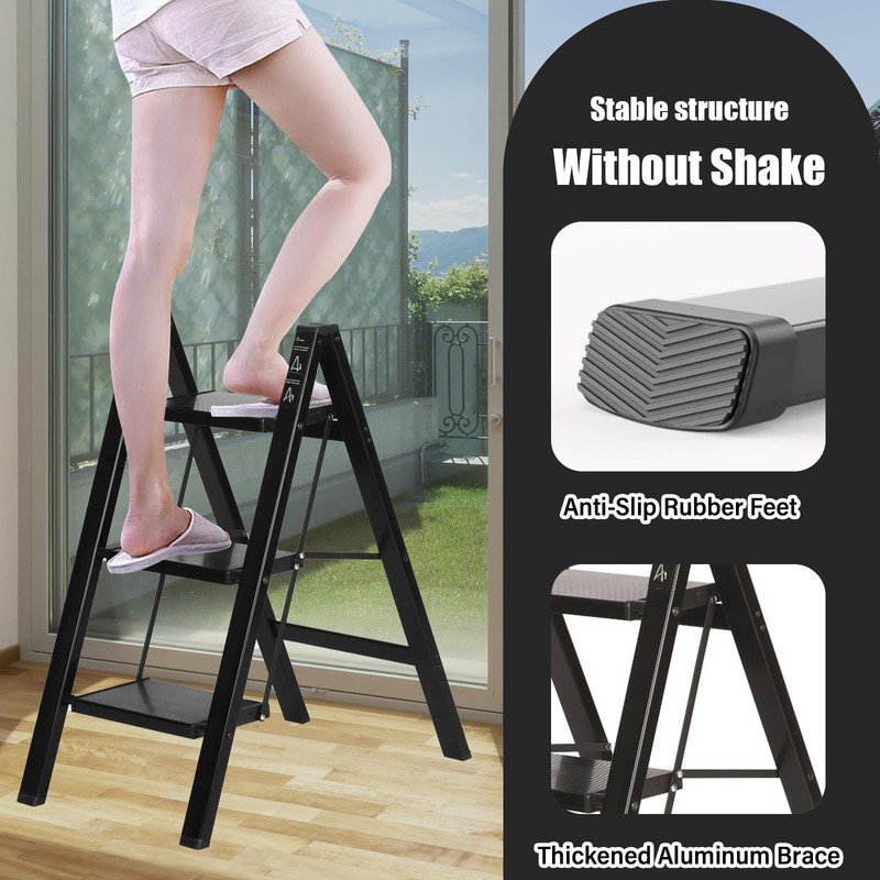 3 Step Ladder, Aluminum Lightweight Folding 3 Step Stool with