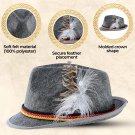 Bavarian Oktoberfest German Alpine Hat – Traditional Felt Fedora with Feather & Rope Trim – One Size Fits Most Adults – Oktoberfest Costume Accessory for Men & Women (Gray)