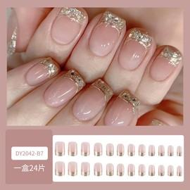 Short Press on Nails Square Fake Nails with Glue French Tip False Nails Full Cover Gold Acrylic Nails Metal Line Stick on Nails Reusable Nude Pink Glue on Nails for Women DIY Manicure Supplies 24pcs