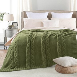 GINAMUSE Chunky Knit Blanket Super Soft Cable Fluffy Microfiber Cozy Warm Winter Blanket for Couch Sofa Bed Twin Size 60"X80" Olive Green