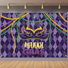 Mardi Gras Carnival Party Backdrop Banner Decorations Masquerade Jester Mask Themed Background Fat Tuesday Purple and Green Photo Booth Photography Decor Sign Supplies