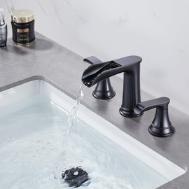 Sanliv Widespread Bathroom Faucet 3 Hole, Oil-Rubbed Bronze Bathroom Faucet, Waterfall Bathroom Sink Faucet, Two Handle Vanity Faucets for Sink 3 Hole with Pop Up Drain and Water Supply Lines