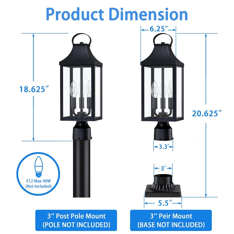 18.62'' Dusk to Dawn Post Light Outdoor, Large 3-Light Lamp