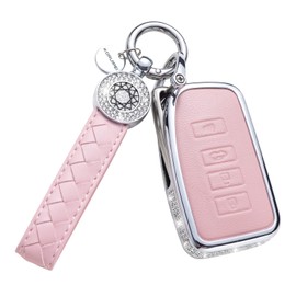 RUABIBAN for Lexus Key Fob Cover with Keychain, Pink Genuine Leather Crystal Key Case Protection Shell Compatible with Lexus RX ES GS LS NX RS GX LX RC LC Smart Key