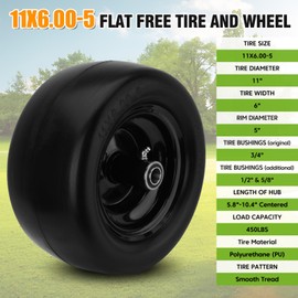 2PCS 11x6.00-5 Flat Free Tire and Wheel with 1/2" & 3/4" & 5/8" Precision Bearings and 5.8"-10.4" Centered Hub, Black Front Zero-Turn Smooth Tire Replacement for Riding Lawn Mowers Garden Tractor
