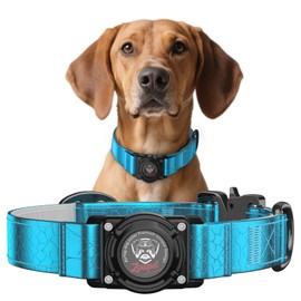 AirTag Dog Collar - Leather Dog Collar with Airtag Holder | IP68 Waterproof AirTag Holder with Metal Buckle, Comfortable GPS Dog Collars Tracker for Medium Large Dogs (Blue, L)