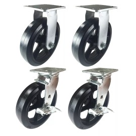 Hy-Weld 8" x 2" Heavy Duty "Rubber on Cast Iron" Caster - 2 Rigids & 2 Swivels w/ Brake