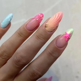 LPOODDNU Almond Press on Nails Medium 3D Handmade Fake With Stereoscopic Shell & Starfish Designs Glossy Pink French Acrylic Medium Almond Glue on Cute Stick on for Women