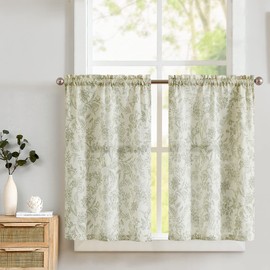 TOPICK Linen Net Curtains Flowers Kitchen Curtains Country House Style Modern Curtains Short Bistro Curtain for Living Room Bathroom Window Short Curtains Set of 2 Green on Beige 65 W x 90 H (cm)