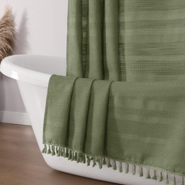OVZME Sage Green Shower Curtain for Bathroom, Boho Linen Textured Shower Curtain with Tassel, Rustic Striped Heavy Duty Vintage Country Bathroom Curtain, 72Wx72L Inches