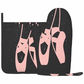 Mxocom Pink Ballerina Oven Mitt and Pot Holder with Silicone Beautiful Girl Ballet Dancer Abstract Art Black Background Heat Resistant Kitchen for Cooking BBQ Baking Grilling Spring/Summer
