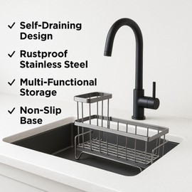 Big Kitchen Sponge Holder for Kitchen Sink Self-Draining Sink Caddy with Brush & Dishcloth Holders Stainless Steel Kitchen Organizer for Countertop Rustproof & Durable